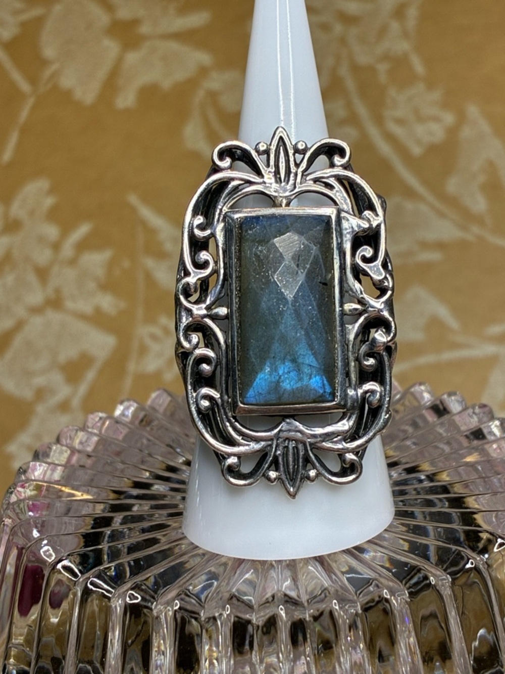 Sterling Silver Labradorite Ornate  Statement Ring with beautiful Blue Flash